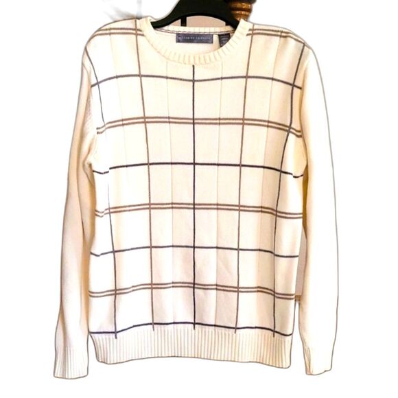 Vintage Knit Grandpa Sweater Men's 2XL Long Sleeve Cream Plaid Oscar de la Renta - Picture 1 of 11